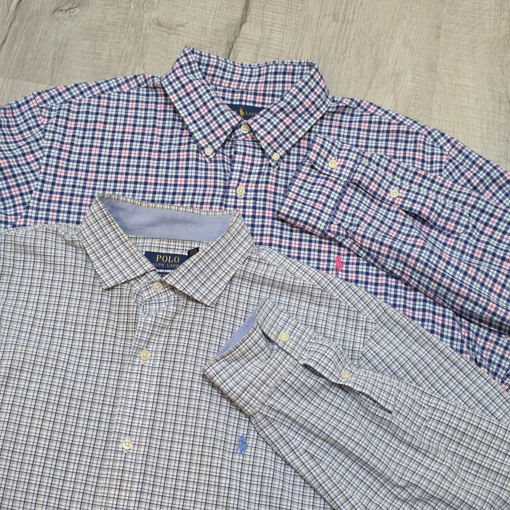 Lot of 2 Ralph Lauren Mens Plaid Check Long Sleeve Shirt XL Multi‎ Color Pony